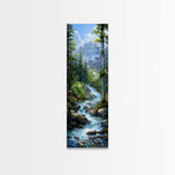 Majestic Mountain Stream In A Serene Forest Landscape, Farmhouse And Minimalist Art Style, Boho Wall Art In Tall Canvas Print