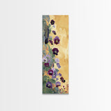 Deep Purple Pansy Flowers Against Textured Gold Background on Tall Vertical Canvas Print for Rich Floral Wall Decor
