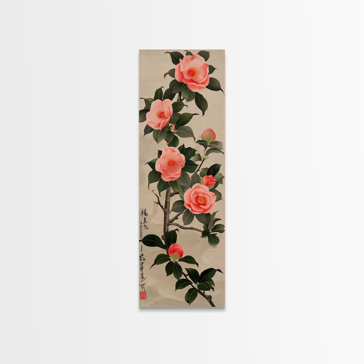 Framed Canvas Print Of Japanese Floral Art With Camellia Blossoms And Detailed Leaves Ready To Hang Traditional Japanese Wall Art Decor