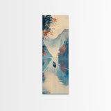 Serene Japanese Landscape Framed Canvas Print Featuring A Calm River Scene With Boat And Misty Mountains, Traditional Wall Art, Ready To Hang
