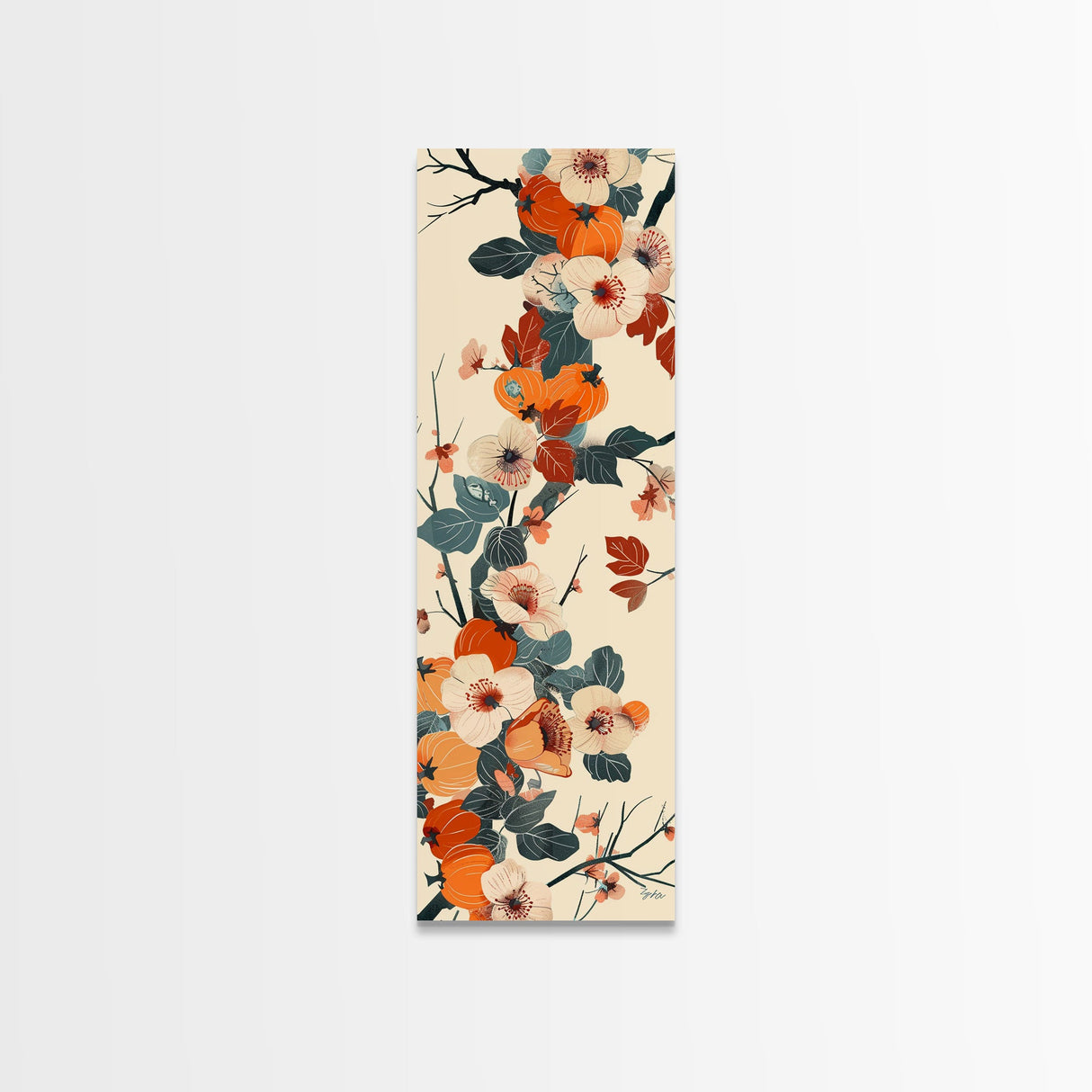 Skinny Art of Persimmon Branch with Delicate White Flowers – Japanese-Inspired Framed Canvas Print