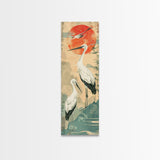 Tall Japanese Cranes Under a Vibrant Red Sun Ukiyo-e Art Skinny Framed Canvas Print Traditional Japanese Nature Scene