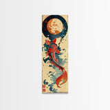 Vibrant Koi Fish Swimming Toward the Moon Skinny Art Ukiyo-e Tall Framed Canvas Print with Japanese Mythology Elements