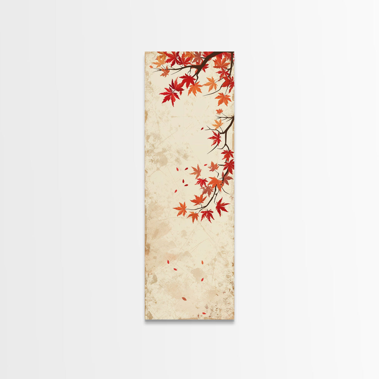 Skinny Art Maple Branch In Japanese Style Wood Block Print Autumn Leaves On Framed Canvas Print, Tall Art Ukiyo-e