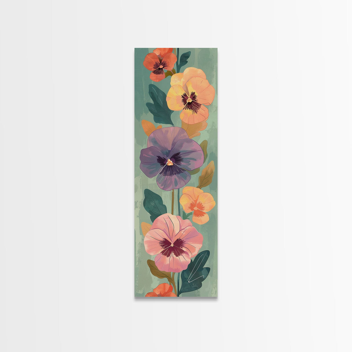 Skinny Art Delicate Pansies In Japanese Style Wood Block Print Soft Pastel Colors On Framed Canvas Print, Tall Art Ukiyo-e