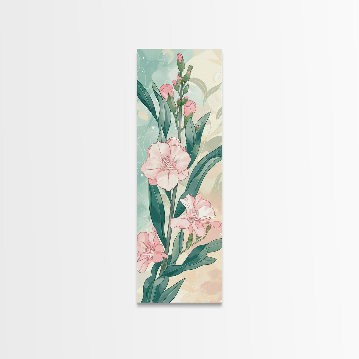 Skinny Art Pink Oleander Flowers In Japanese Style Wood Block Print Elegant Pastel Hues On Framed Canvas Print, Tall Art Ukiyo-e