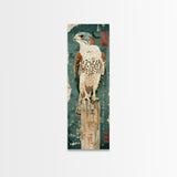 Majestic Hawk Perched On Weathered Stump Textured Background Skinny Art Tall Art Framed Canvas Print Japanese Style Art Ukiyo-e Art Wood Block Print