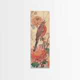 Singing Bird Amid Chrysanthemums Soft Pastels Skinny Art Tall Art Framed Canvas Print Japanese Style Art Ukiyo-e Art Wood Block Print Floral