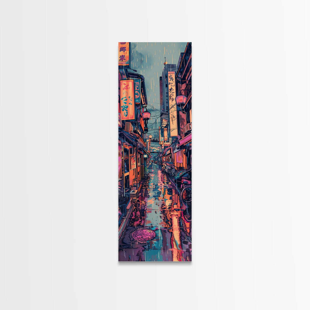 Vibrant Cityscape With Colorful Street Signs Skinny Art Tall Art Framed Canvas Print Japanese Style Art Ukiyo-e Art Wood Block Print Urban Energetic