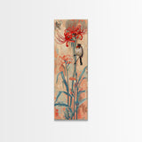 Bird Perched On Bright Red Lily Flower Skinny Art Tall Art Framed Canvas Print Japanese Style Art Ukiyo-e Art Wood Block Print Floral Detailed