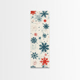 Festive Snowflakes In Red, Blue, And White On A Cream Background, Skinny Art Tall Wall Art Framed Canvas Print Japanese Style Art