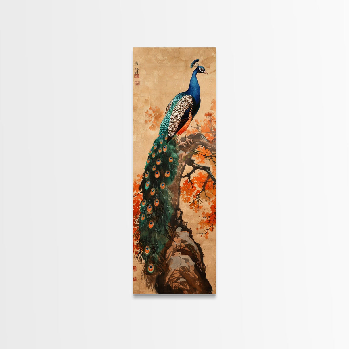 Majestic Peacock Perched On A Branch With Autumn Leaves, Skinny Art Tall Wall Art Framed Canvas Print Japanese Style Art