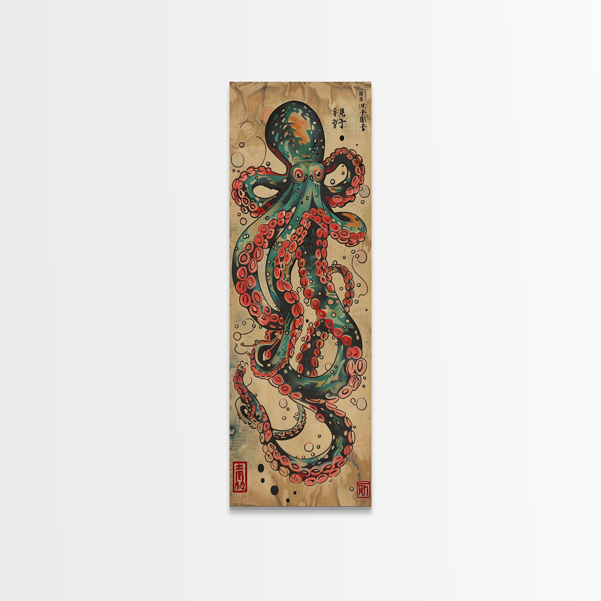 Vintage Canvas Print With Vibrant Octopus Design Ukiyo-e Wall Art Wood Block Print Tall Art Japanese Style Skinny Art