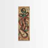 Vintage Canvas Print With Vibrant Octopus Design Ukiyo-e Wall Art Wood Block Print Tall Art Japanese Style Skinny Art