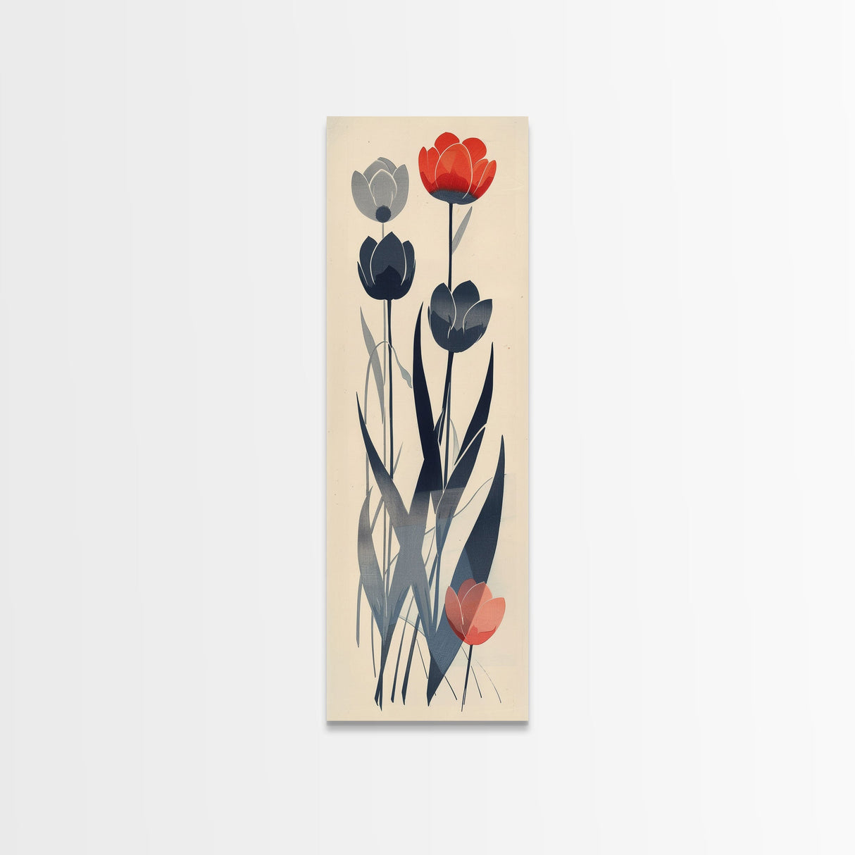 Minimalist Tulips In Red And Gray On Beige Background Framed Canvas Print Ukiyo-e Art Wood Block Print Japanese Style Skinny Art Tall Art