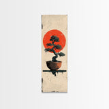 Canvas Print Bonsai Tree Silhouette Against Red Sun, Minimalistic Japanese Style Art For Modern Home, Wall Decoration
