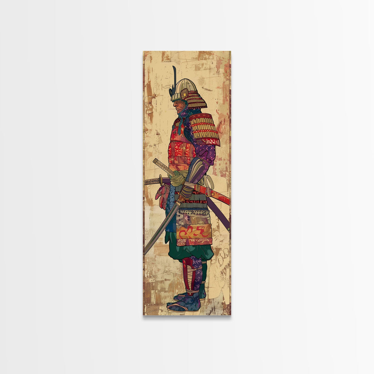 Samurai Warrior Traditional Japanese Armor Cultural Art On Framed Canvas Print Ukiyo-e Art Style Tall Skinny Wood Block Wall Decor