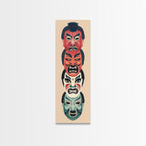 Bold Striking Japanese Kabuki Masks Vibrant Colors Depicted Traditional Style Tall Framed Canvas Print Cultural Home Decor