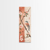 Japanese Bird Art Skinny Wall Art Framed Canvas Print Perched Bird on Branch with Cherry Blossoms and Petals in Soft Pastel Colors