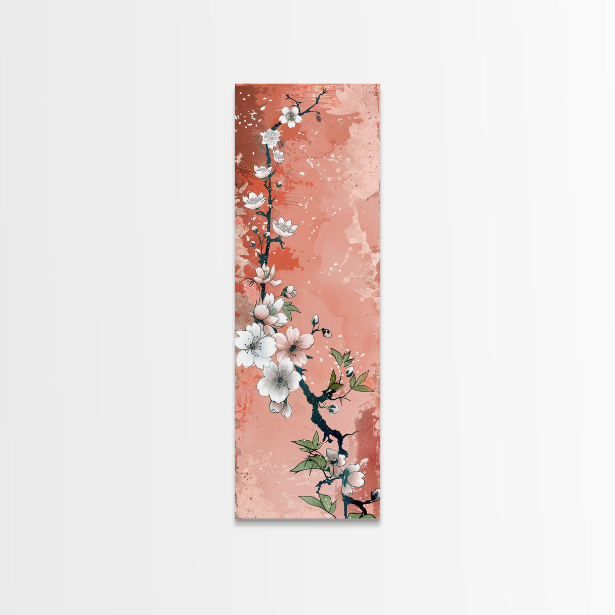 Skinny Art Tall Art Cherry Blossoms Wood Block Print Japanese Style Art With Delicate Branches On Soft Pink Background Framed Canvas Print