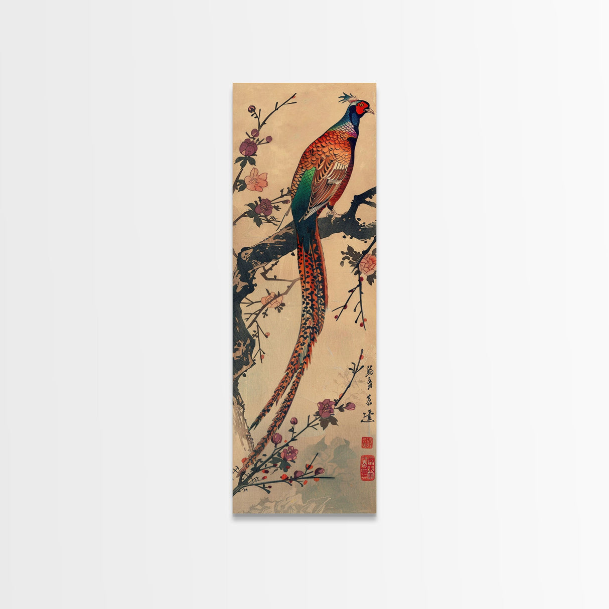 Vibrant Pheasant Perched On Flowering Branch For Traditional Japanese Art Wall Decor Framed Canvas Print