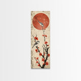 Delicate Birds Perched On Blooming Branch With Red Sun For Traditional Japanese Wall Art Decor Ukiyo-e Style Framed Canvas Print