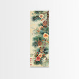 Pine Tree Branches With Blossoms And Pine Cones In Japanese Style Ukiyo-e Art Framed Canvas Print Skinny Art Tall Art