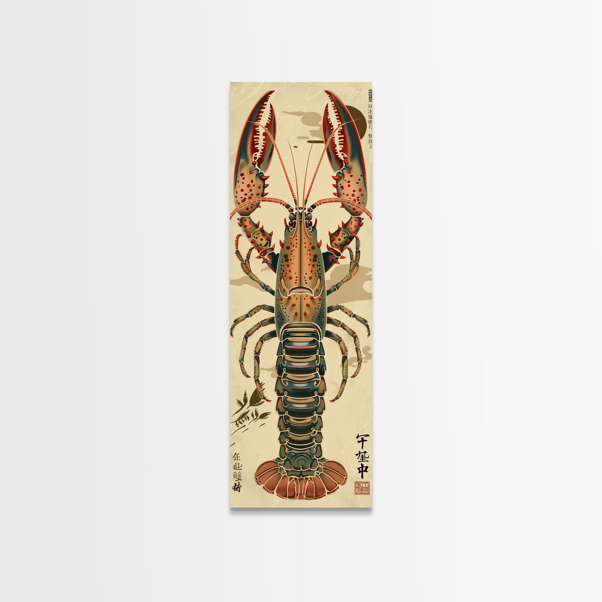 Detailed Lobster Illustration On Beige Background Skinny Art Wood Block Print Japanese Style Art Framed Canvas Print Tall Art Ukiyo-e Art