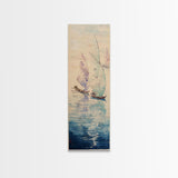 Sailboats On Calm Sea Canvas In Japanese Ukiyo-e Style, Traditional Woodblock Print, Framed Canvas Print, Tall Skinny Japanese Wall Art, Ready To Hang