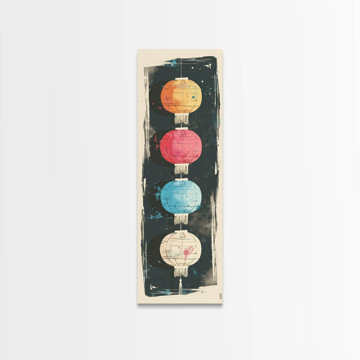 Colorful Lanterns Hanging in a Vertical Row with Abstract Background - Skinny Art, Japanese Wall Decor, Framed Canvas Print, Ukiyo-e Style