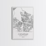 Chesapeake Street Map, Virginia Map, City Map Art, Modern Art, Wall Art, Canvas Print, Canvas Wall Art, Travel Art, Above Bed Décor