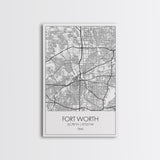 Fort Worth Street Map, Texas Map, City Map Art, Minimalist Art, Wall Art, Canvas Print, Travel Wall Art, Gifts For Women, Man Cave Décor