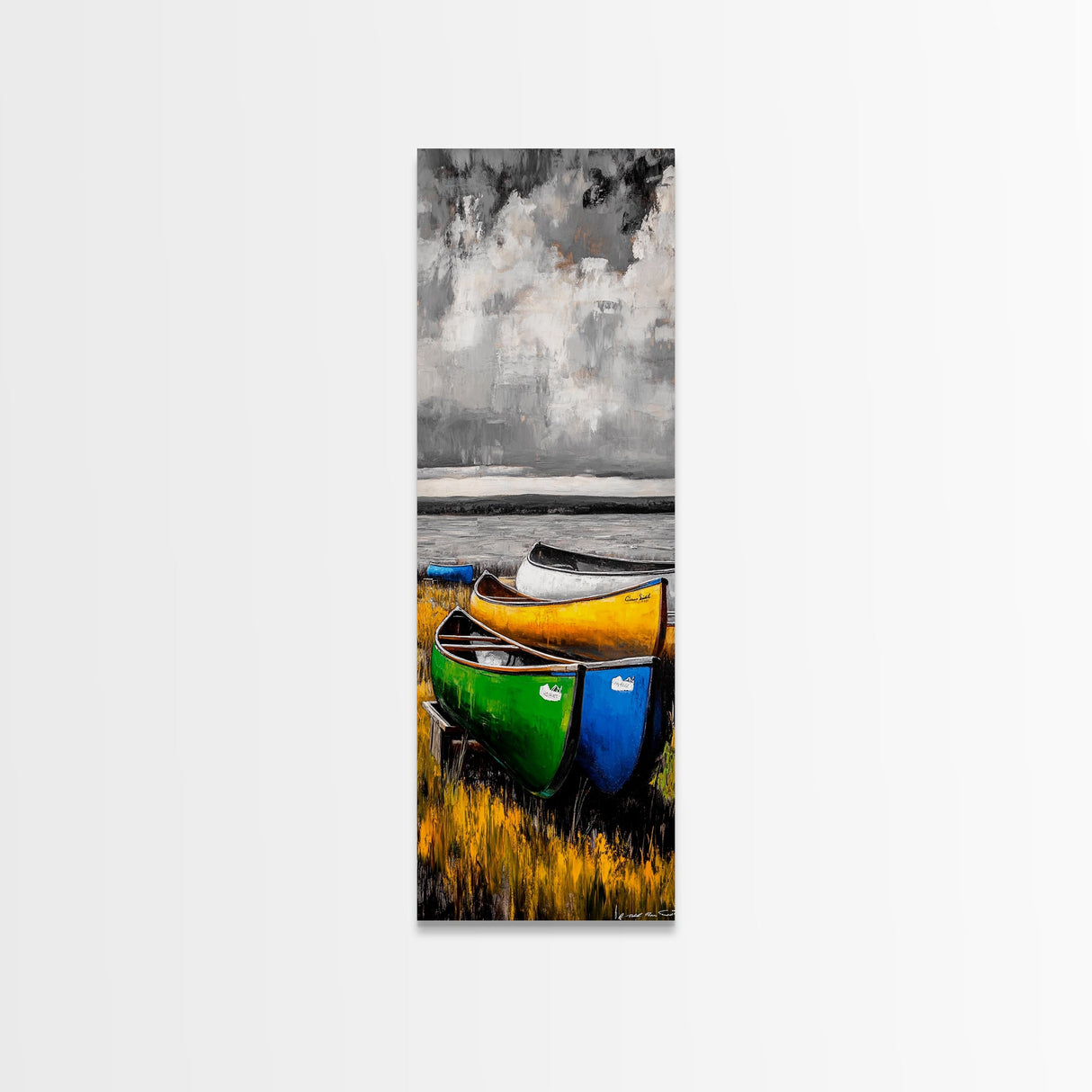 Abstract Canoe Painting Canvas Print Nautical Decor Rustic Wall Art Coastal Landscape Art Blue and Green Wall Art Tall Skinny Art