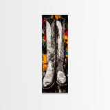 Black and White Cowboy Boots Framed Canvas Print, Rustic Wall Art, Western Art, Moody Art, Vintage Horse Art, Extra Wide Art