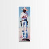 Western Cowboy in White Framed Canvas Print, Rustic Wall Art, Moody Art, Southwest Wall Art, Vintage Horse Art, Extra Wide Art