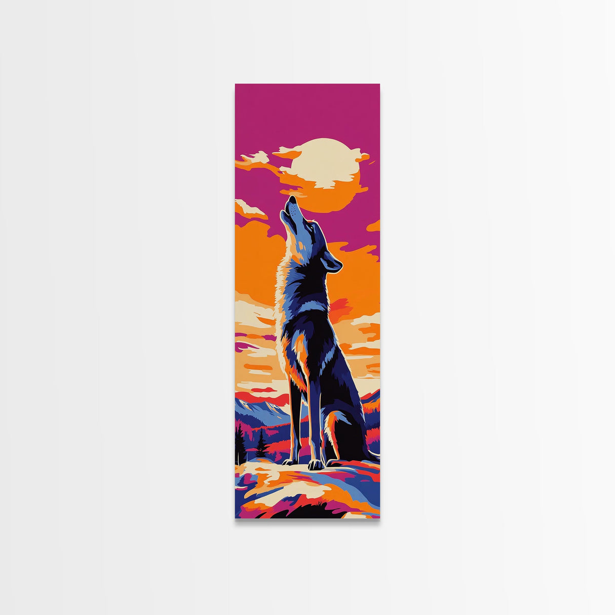 Sunset Wolf Silhouette Framed Canvas Print pink orange wall art, tall skinny art, extra wide art, landscape painting, colorful wildlife art, whimsical art, Joshua tree art, southwest wall art
