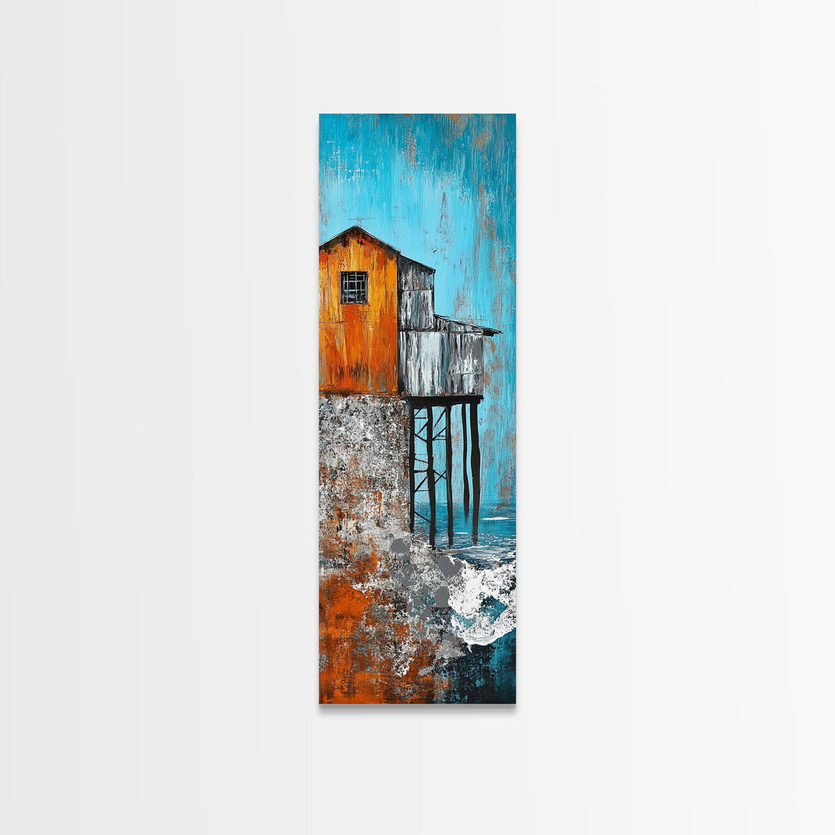 Rustic Stilt House Coastal Canvas Print Coastal Wall Art Nautical Painting Seascape Painting Blue And Green Wall Art Nautical Decor