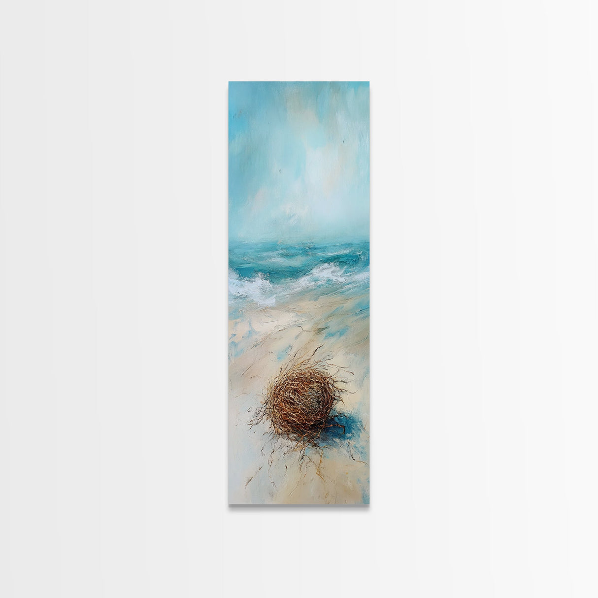 Serene Beach Nest Framed Canvas Print coastal landscape art wabi sabi wall art minimalist art nautical decor ocean painting seascape