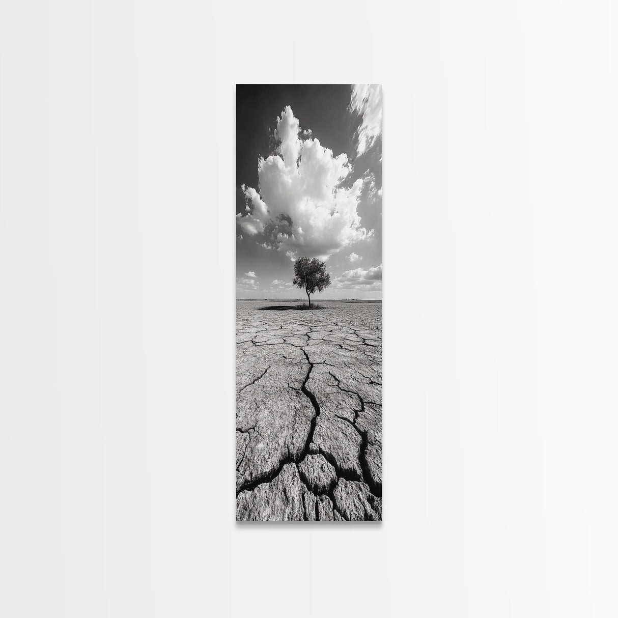 Lone Tree, Cracked Earth, Framed Canvas Print, wabi sabi art, moody art, landscape painting, above bed wall art,minimalist art, extra wide art