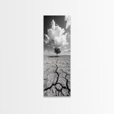 Lone Tree, Cracked Earth, Framed Canvas Print, wabi sabi art, moody art, landscape painting, above bed wall art,minimalist art, extra wide art