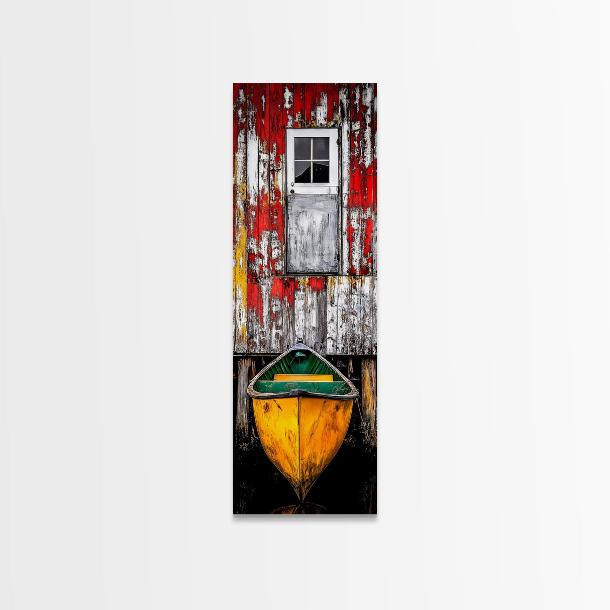 Rustic Barn Boat Reflection Painting Framed Canvas Print | Nautical Wall Art | Rustic Decor | Coastal Painting | Maine Oil Painting