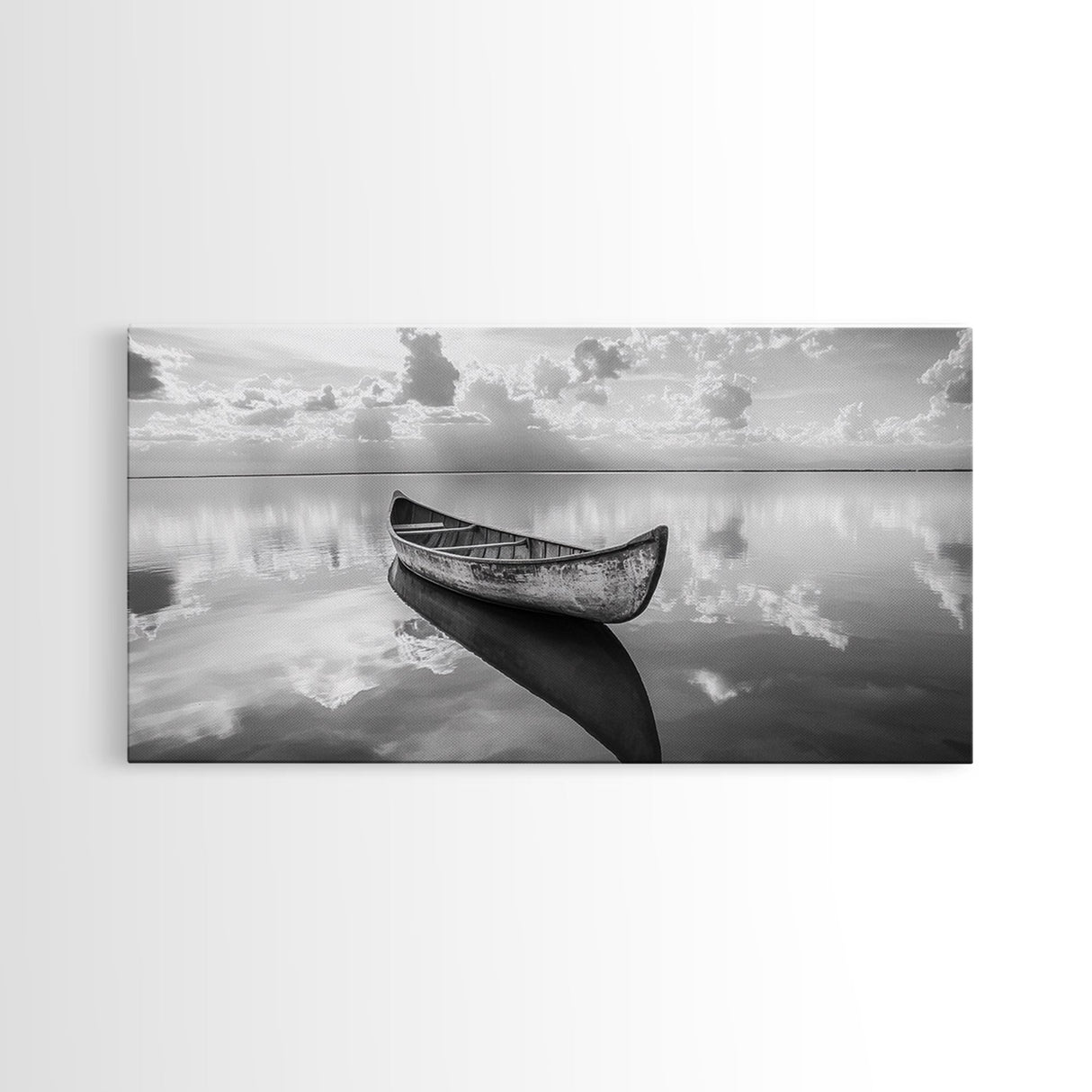 Tranquil Canoe Reflection, lake Tahoe art, nautical decor, seascape painting, coastal landscape art, panoramic painting, framed canvas print