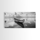 Tranquil Canoe Reflection, lake Tahoe art, nautical decor, seascape painting, coastal landscape art, panoramic painting, framed canvas print