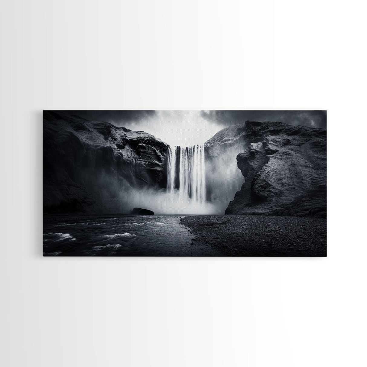Powerful Waterfall Mist, nature wall art, moody art, mountain painting, black and white photography, dramatic landscape, framed canvas print