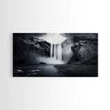 Powerful Waterfall Mist, nature wall art, moody art, mountain painting, black and white photography, dramatic landscape, framed canvas print
