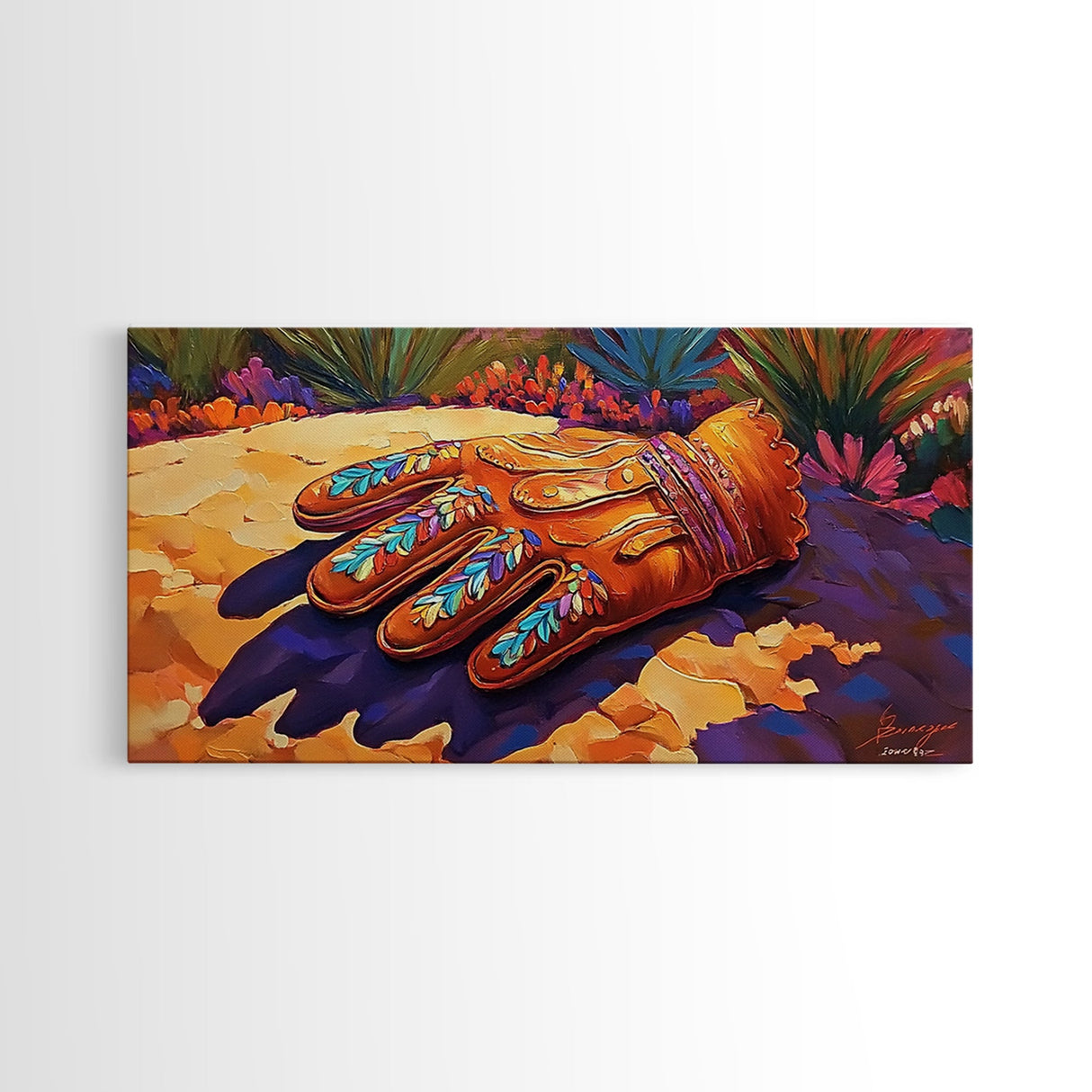 Embroidered Leather Glove, cowboy painting, rustic decor, western art, textured painting, colorful art, vibrant rustic scene, canvas print