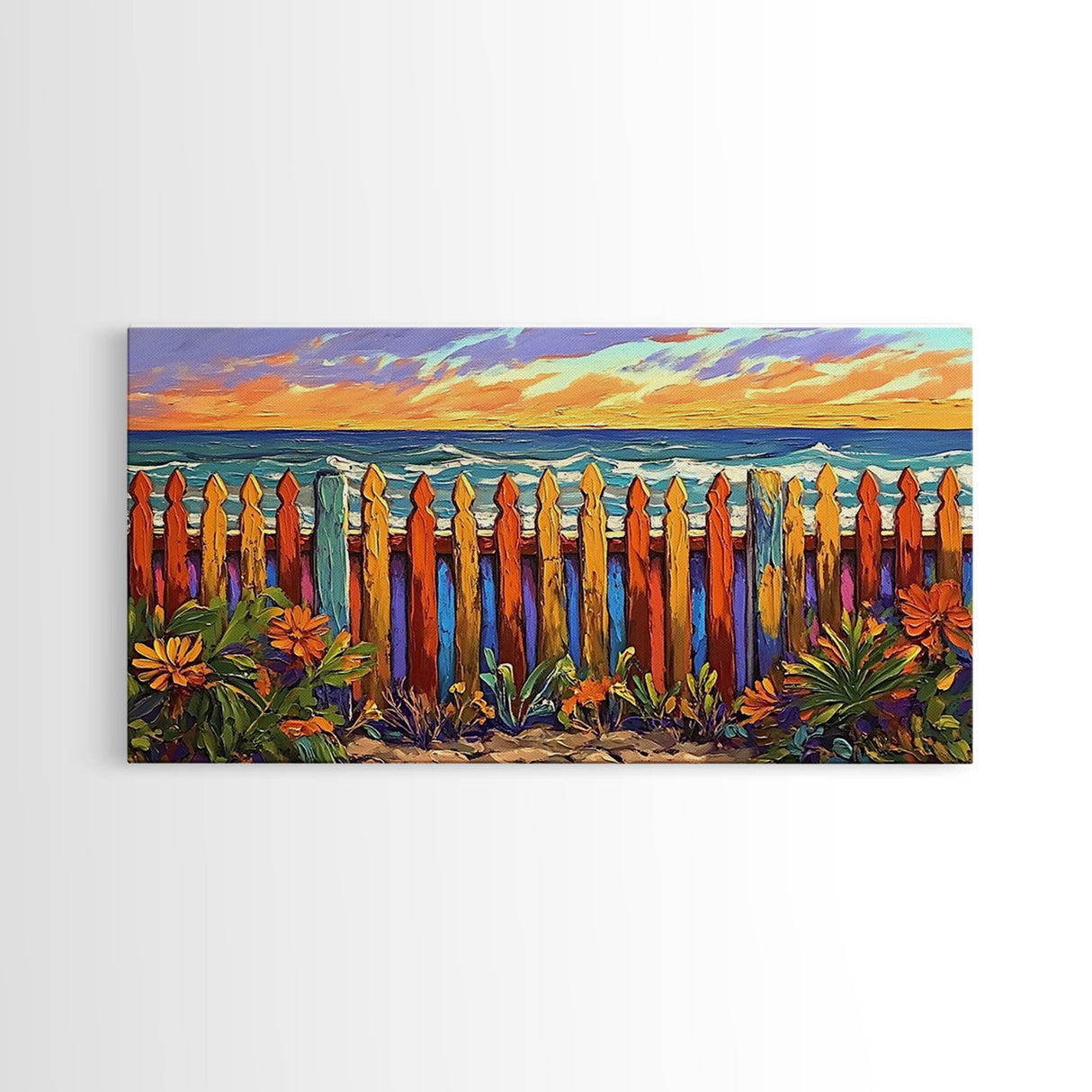 Vibrant Coastal Fence, beach decor, coastal landscape art, coastal wall art, nautical painting, extra wide art, framed canvas print