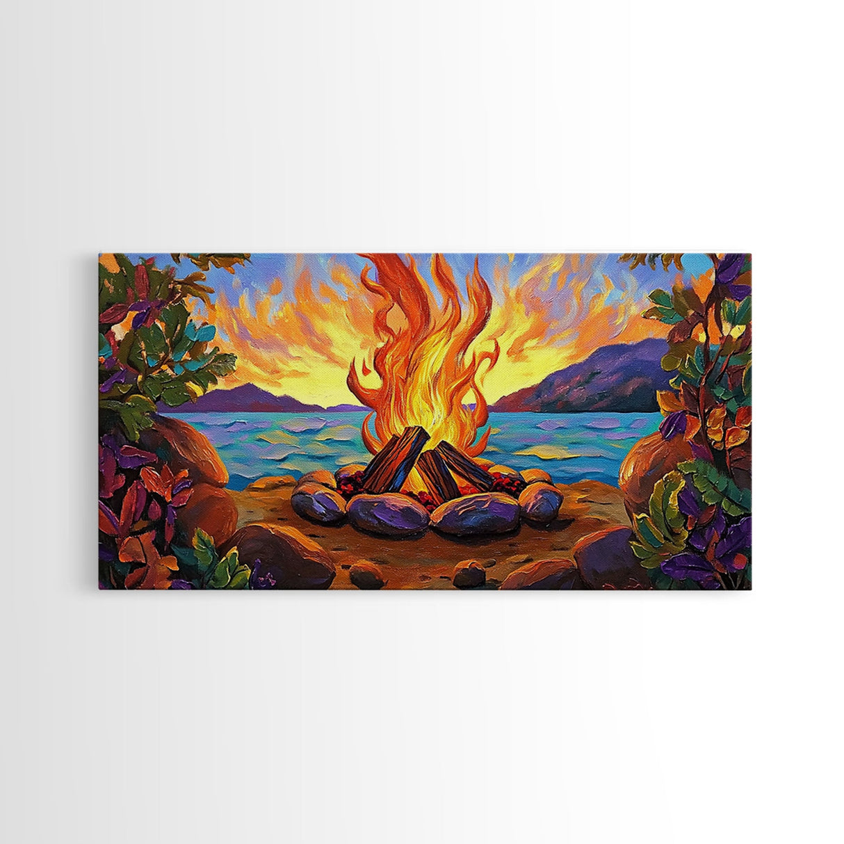 Campfire by Lake, bonfire painting, rustic wall art, mountain painting, framed canvas print, above sofa art, cozy night decor