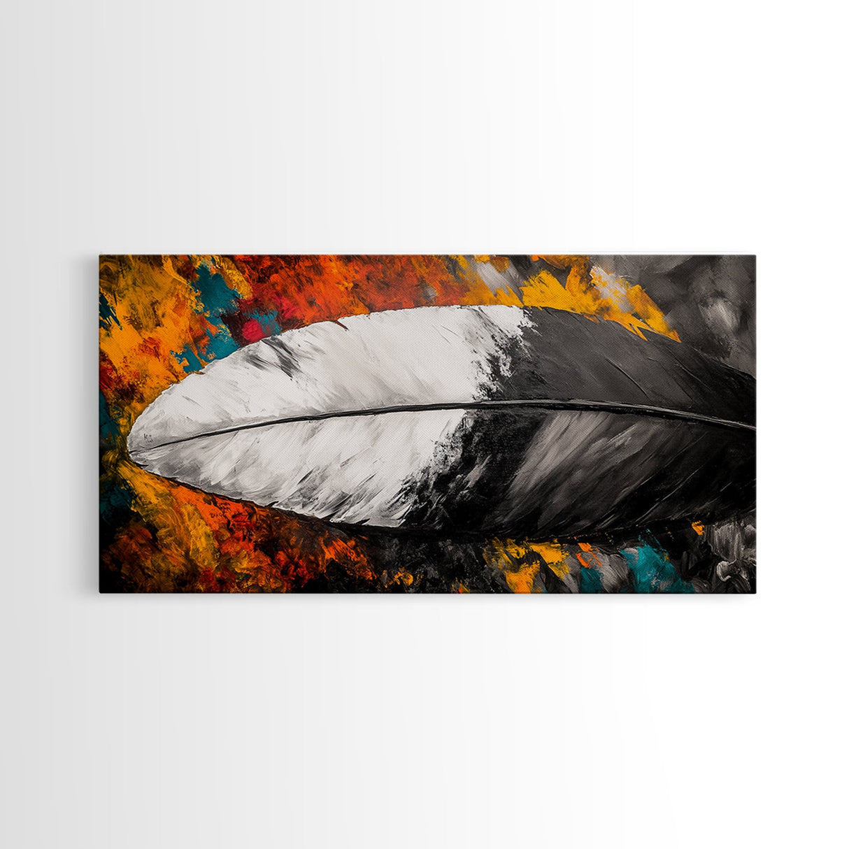 Feather Painting, whimsical art, black and white painting, abstract painting, moody art, colorful background, modern decor, Framed Canvas Print