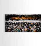 Pebble Beach, coastal landscape art, wabi sabi art, rustic decor, moody art, panoramic painting, seascape painting, Framed Canvas Print, zen art